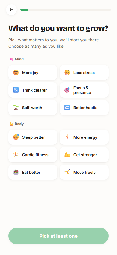 The LeWell app onboarding, choosing what to grow across mind and body